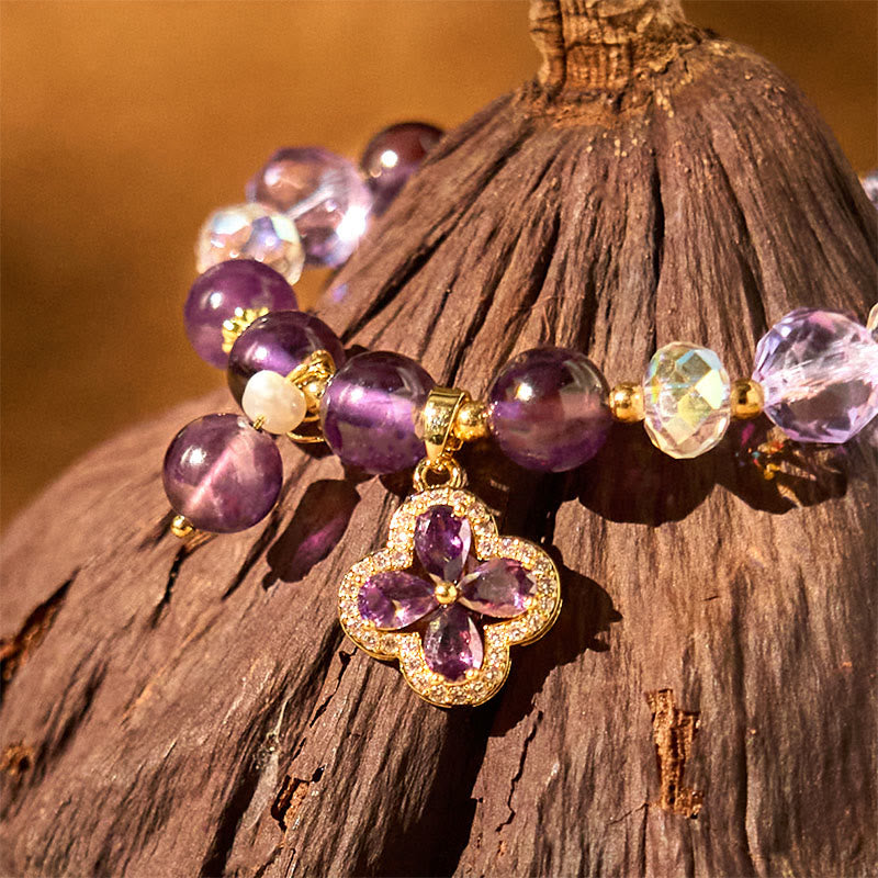 Bracelet de guérison spirituelle Foviel en cristal d'améthyste naturelle à quatre feuilles