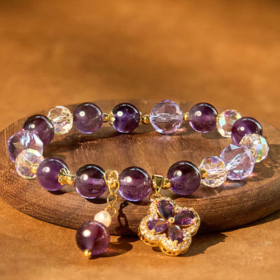 Bracelet de guérison spirituelle Foviel en cristal d'améthyste naturelle à quatre feuilles