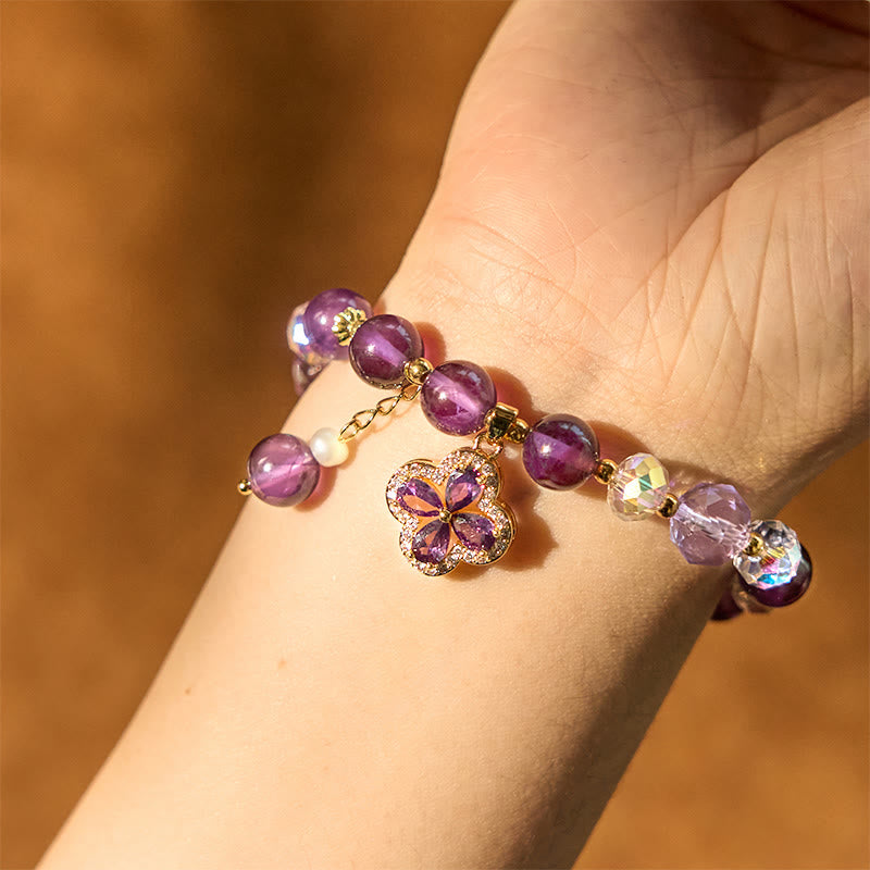 Bracelet de guérison spirituelle Foviel en cristal d'améthyste naturelle à quatre feuilles