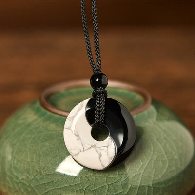 Foviel Natural Black Obsidian White Turquoise Yin Yang Peace Buckle Design Braided String Strength Necklace Pendant