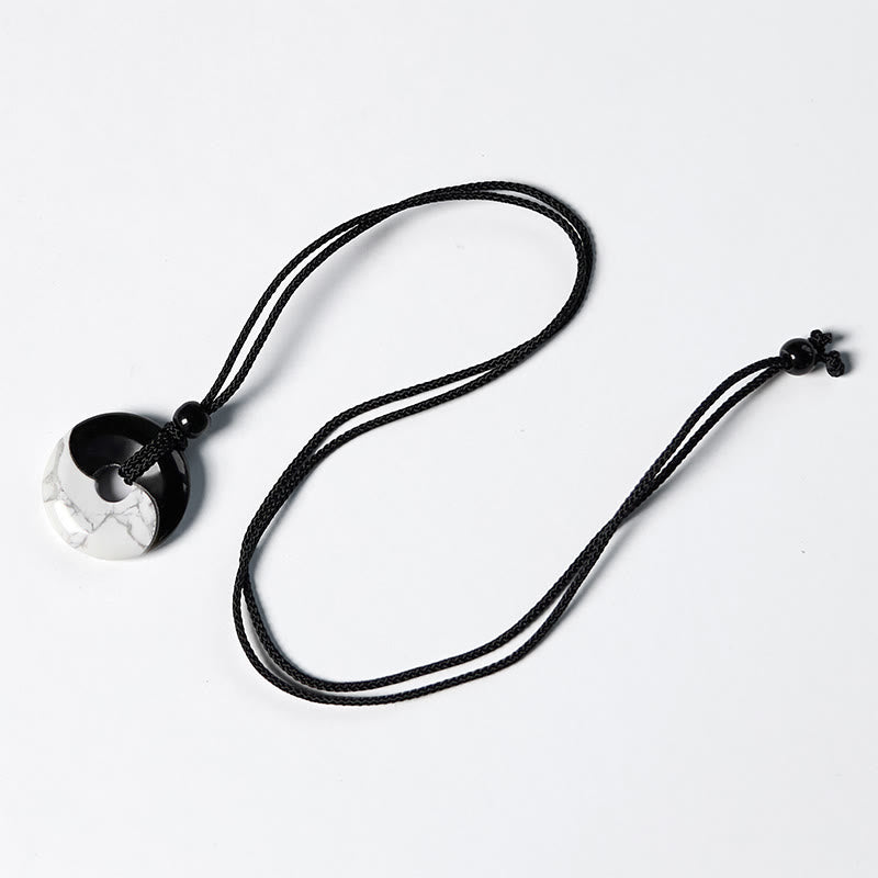 Foviel Natural Black Obsidian White Turquoise Yin Yang Peace Buckle Design Braided String Strength Necklace Pendant