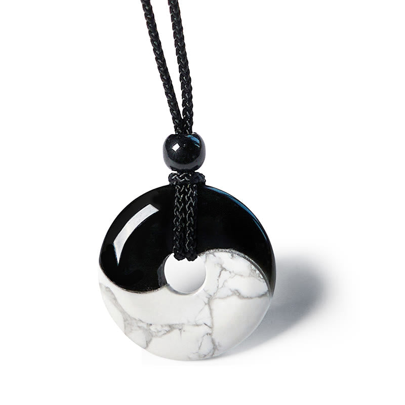 Foviel Natural Black Obsidian White Turquoise Yin Yang Peace Buckle Design Braided String Strength Necklace Pendant