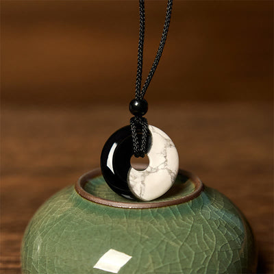 Foviel Natural Black Obsidian White Turquoise Yin Yang Peace Buckle Design Braided String Strength Necklace Pendant