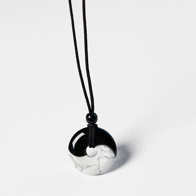 Foviel Natural Black Obsidian White Turquoise Yin Yang Peace Buckle Design Braided String Strength Necklace Pendant
