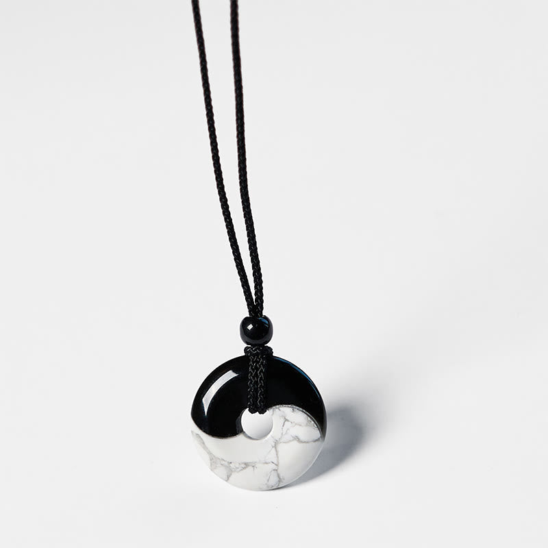 Foviel Natural Black Obsidian White Turquoise Yin Yang Peace Buckle Design Braided String Strength Necklace Pendant