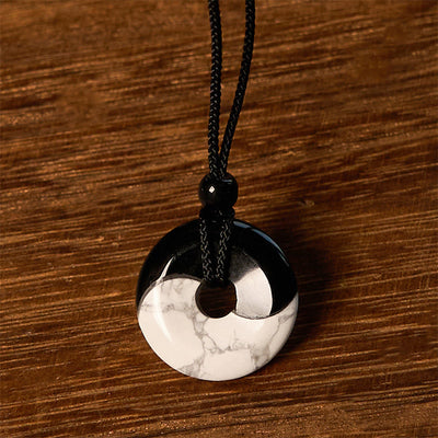 Foviel Natural Black Obsidian White Turquoise Yin Yang Peace Buckle Design Braided String Strength Necklace Pendant