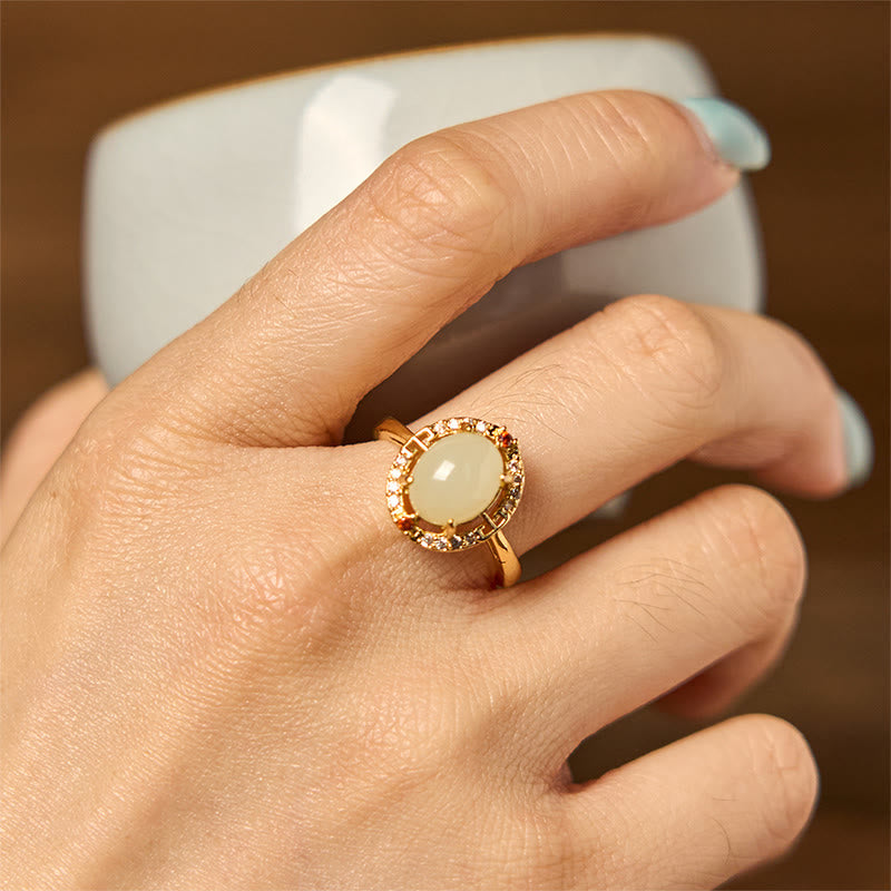Foviel Natural Hetian Jade Zirconia Egg Copper Open Luck Ring