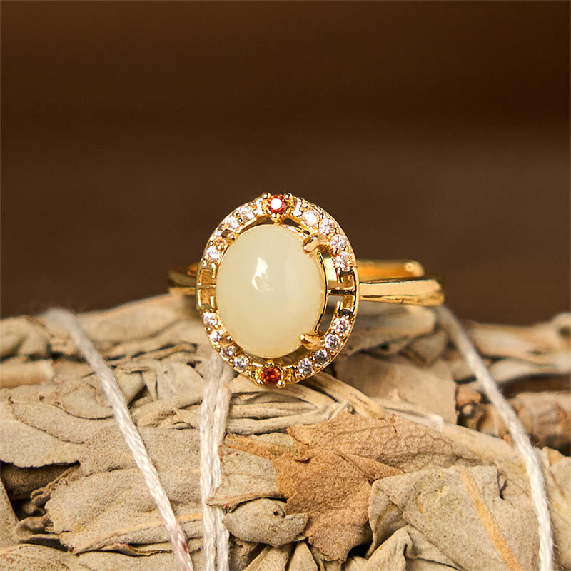 Foviel Natural Hetian Jade Zirconia Egg Copper Open Luck Ring