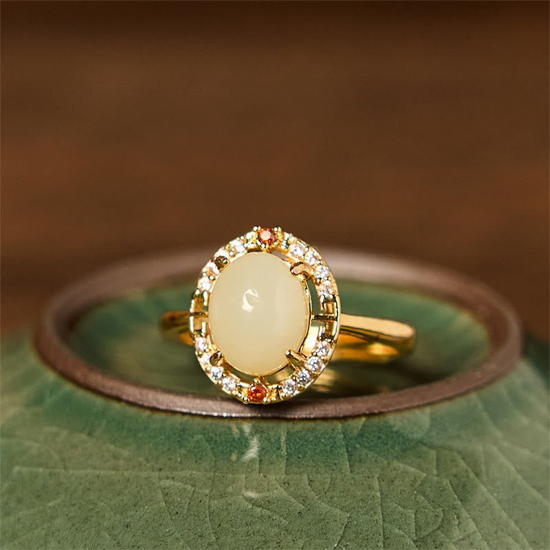 Foviel Natural Hetian Jade Zirconia Egg Copper Open Luck Ring