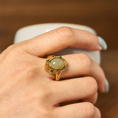 Foviel Natürliche hetianische Jade Ei Hohlmuster Kupfer offenen Glück Ring