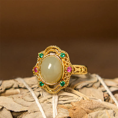Foviel Natürliche hetianische Jade Ei Hohlmuster Kupfer offenen Glück Ring