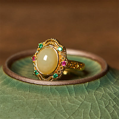 Foviel Natürliche hetianische Jade Ei Hohlmuster Kupfer offenen Glück Ring