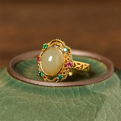 Foviel Natürliche hetianische Jade Ei Hohlmuster Kupfer offenen Glück Ring