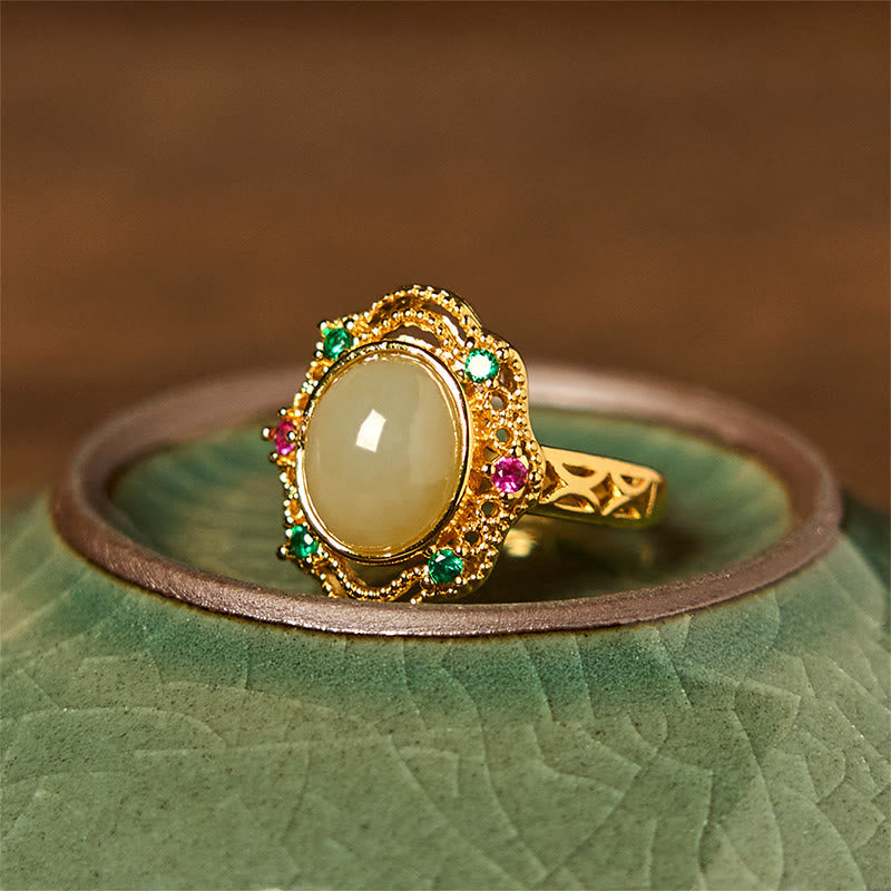 Foviel Natürliche hetianische Jade Ei Hohlmuster Kupfer offenen Glück Ring