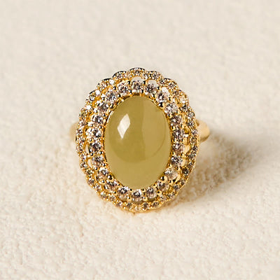 Foviel Natural Hetian Jade Egg Hollow Double Circle Zirconia Copper Open Abundance Ring