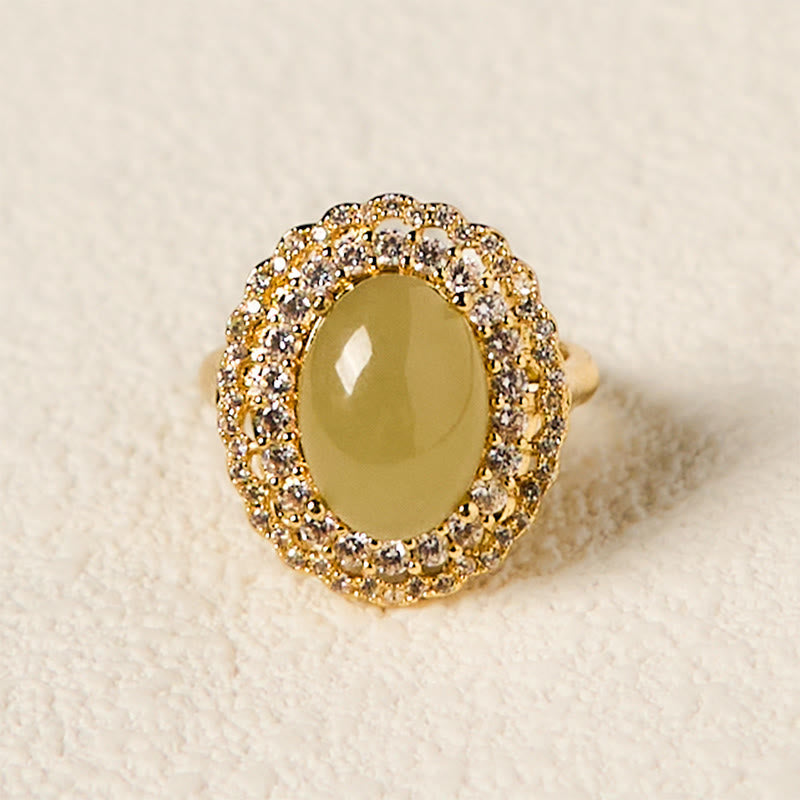Foviel Natural Hetian Jade Egg Hollow Double Circle Zirconia Copper Open Abundance Ring