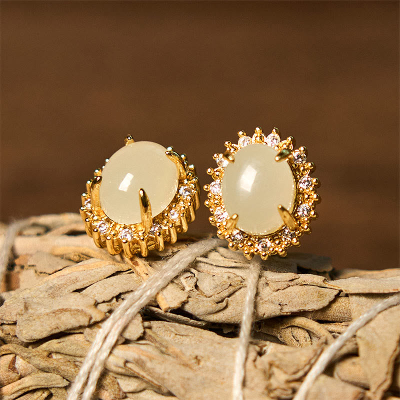 Foviel Natural Hetian Jade Egg Copper Prosperity Earrings