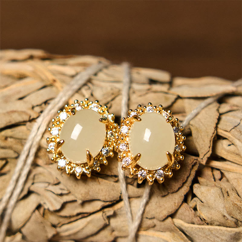 Foviel Natural Hetian Jade Egg Copper Prosperity Earrings
