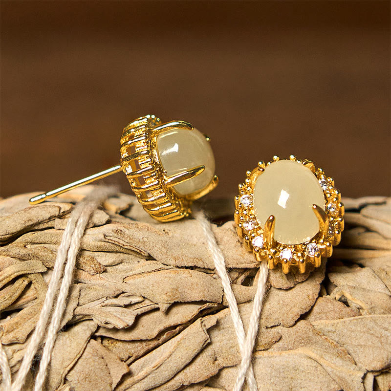 Foviel Natural Hetian Jade Egg Copper Prosperity Earrings