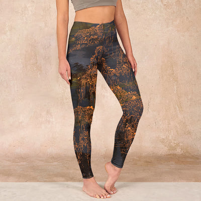 Buddha Stones Golden Mountains Clouds Print Gym Leggings Women's Yoga Pants - SaddleBrown - US18，UK/AU22，EU50 (4XL) - image 1