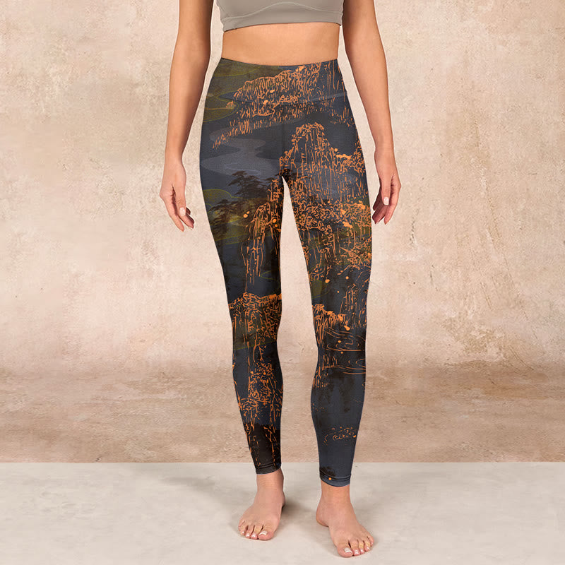 Buddha Stones Golden Mountains Clouds Print Gym Leggings Women's Yoga Pants - image 2