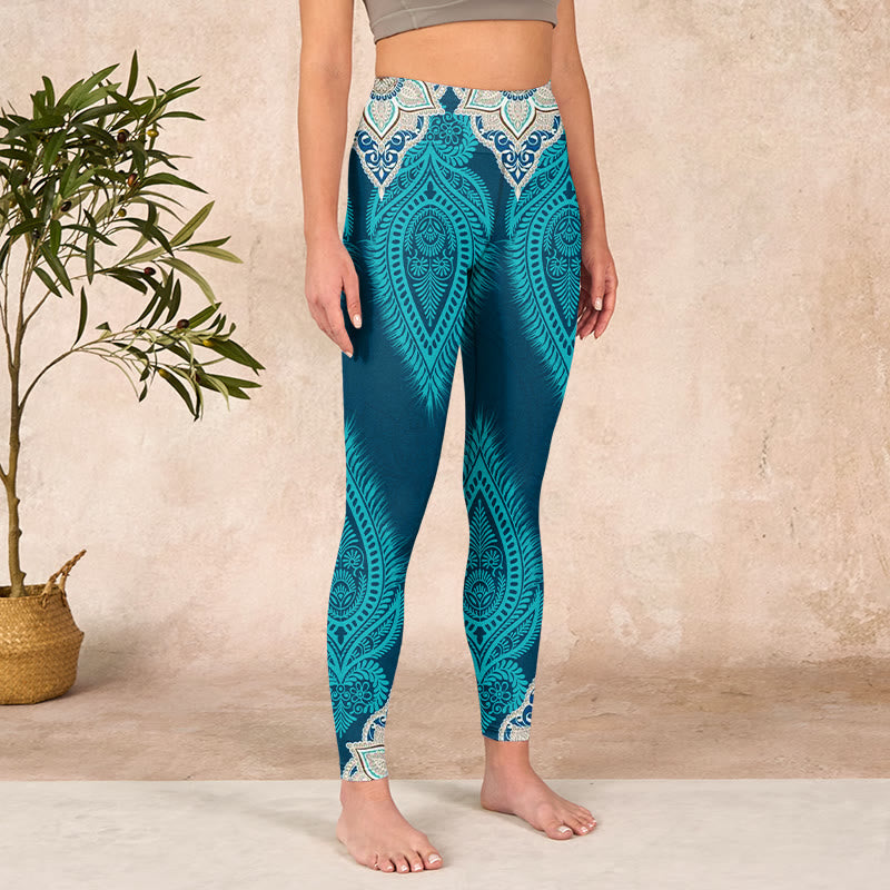 Buddha Stones Green Feather Flower Print Gym Fitness Leggings Women's Yoga Pants - image 4