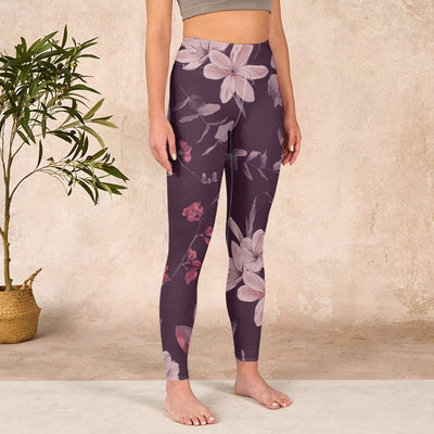Buddha Stones Purple White Flowers Leaves Blossom Print Gym Fitness Leggings Women's Yoga Pants - image 4