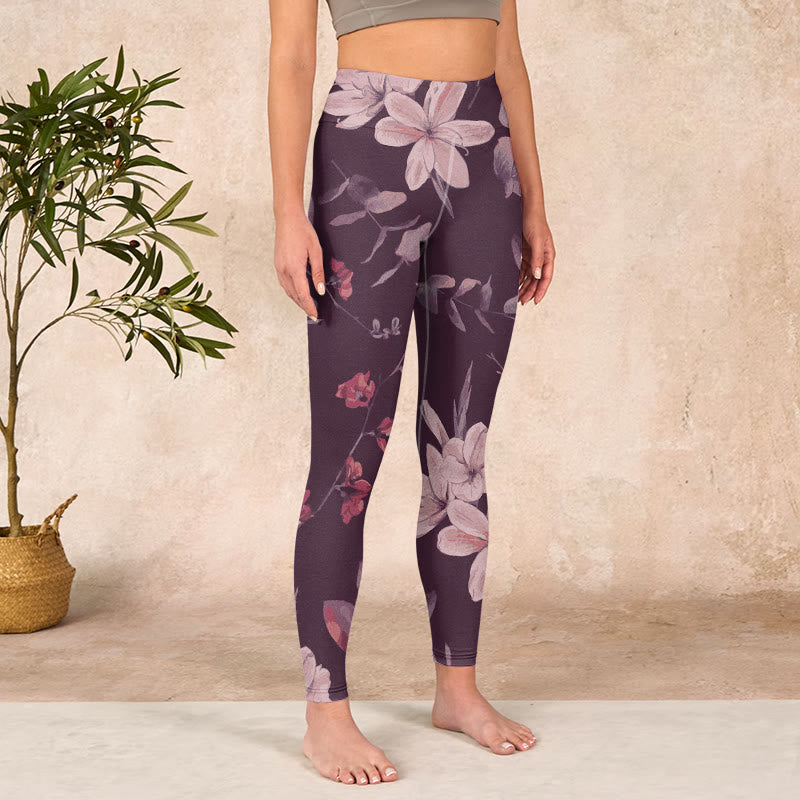 Buddha Stones Purple White Flowers Leaves Blossom Print Gym Fitness Leggings Women's Yoga Pants - image 4