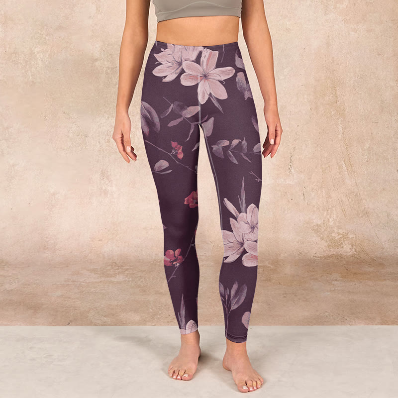 Buddha Stones Purple White Flowers Leaves Blossom Print Gym Fitness Leggings Women's Yoga Pants - image 2