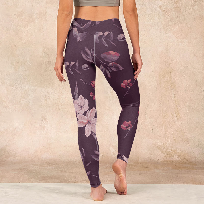 Buddha Stones Purple White Flowers Leaves Blossom Print Gym Fitness Leggings Women's Yoga Pants - image 15