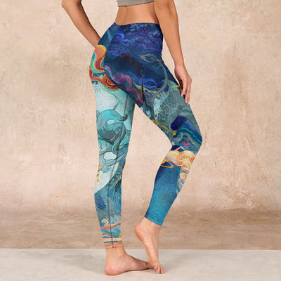 Buddha Stones Blue Dragon Auspicious Clouds Print Gym Leggings Women's Yoga Pants - image 3