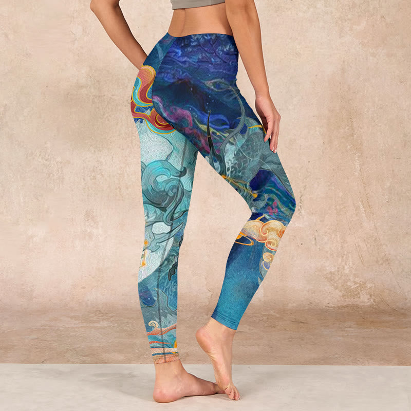 Buddha Stones Blue Dragon Auspicious Clouds Print Gym Leggings Women's Yoga Pants - image 3