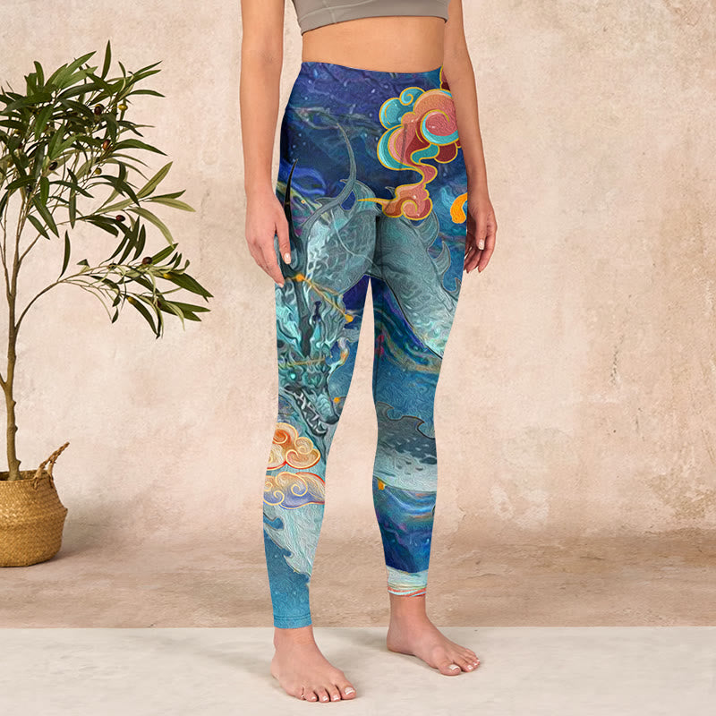 Buddha Stones Blue Dragon Auspicious Clouds Print Gym Leggings Women's Yoga Pants - image 4