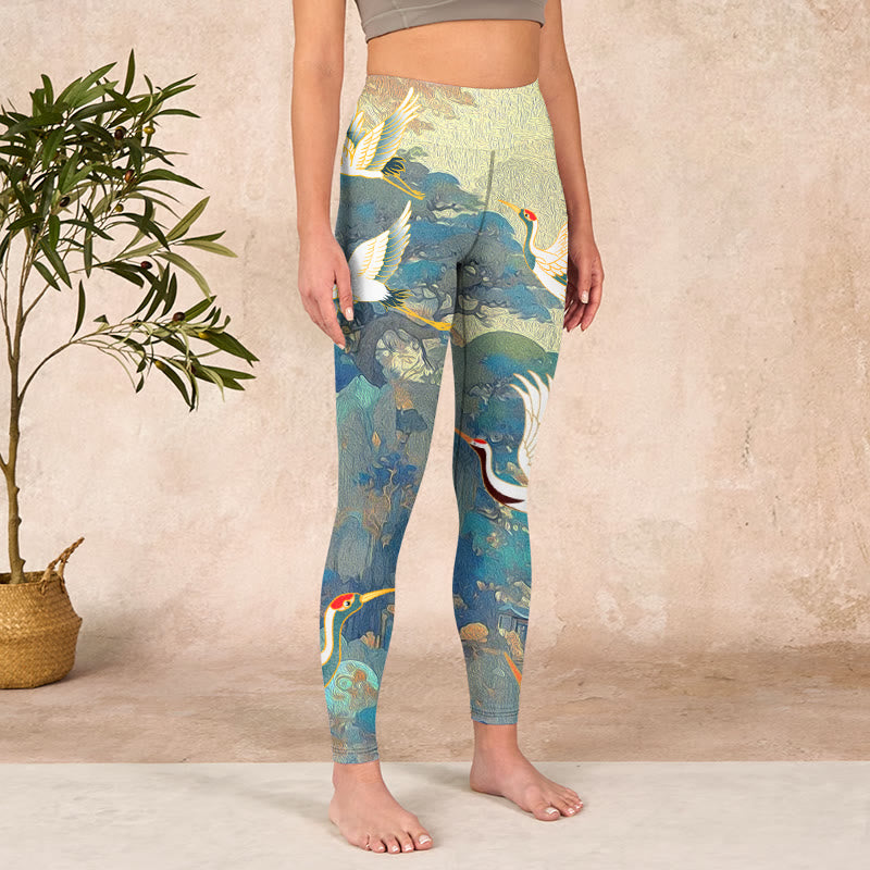 Buddha Stones Blue Red-crowned Crane Pine Tree Print Gym Leggings Women's Yoga Pants - image 4