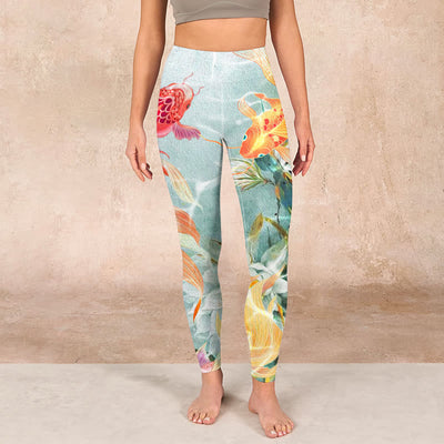 Buddha Stones Green Koi Fish White Lotus Water Ripples Print Gym Leggings Women's Yoga Pants - image 2