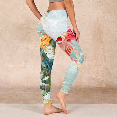 Buddha Stones Green Koi Fish White Lotus Water Ripples Print Gym Leggings Women's Yoga Pants - image 3
