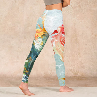 Buddha Stones Green Koi Fish White Lotus Water Ripples Print Gym Leggings Women's Yoga Pants - image 5