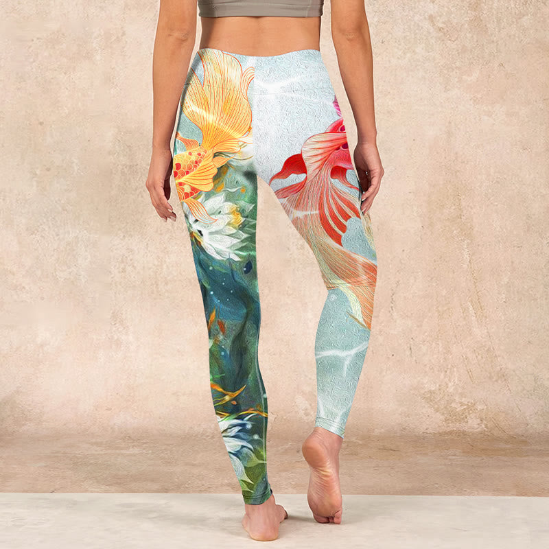 Buddha Stones Green Koi Fish White Lotus Water Ripples Print Gym Leggings Women's Yoga Pants - image 15