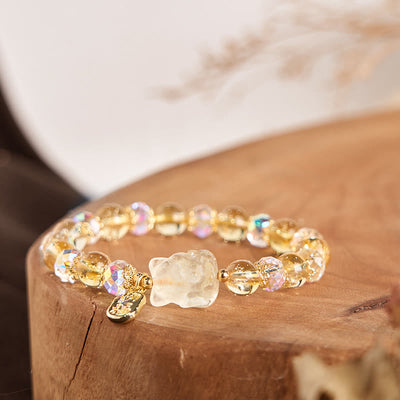 Foviel Natural Citrine White Crystal Nine Tailed Fox Attracting Wealth Charm Energy Bracelet