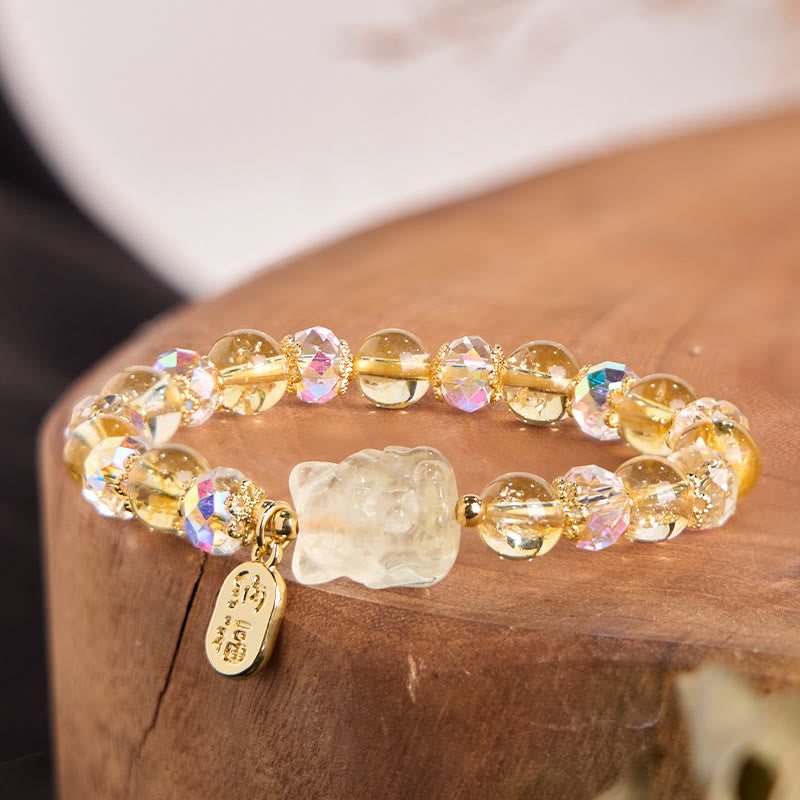 Bracelet énergétique Foviel en citrine naturelle et cristal blanc, charme renard à neuf queues pour attirer la richesse