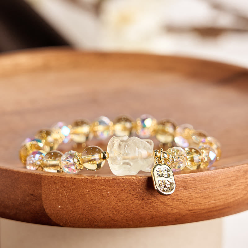 Bracelet énergétique Foviel en citrine naturelle et cristal blanc, charme renard à neuf queues pour attirer la richesse