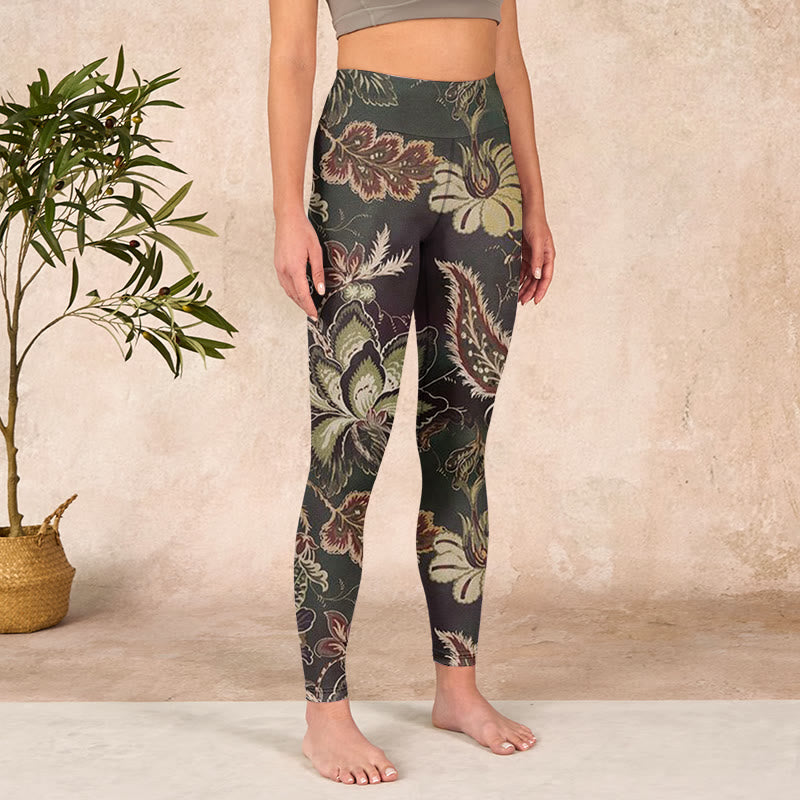 Buddha Stones Olive Florals Print Sports Fitness Leggings Women's Yoga Pants - image 4