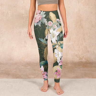Buddha Stones Green Golden Snake Lily Peony Flowers Print Gym Leggings Women's Yoga Pants - image 2