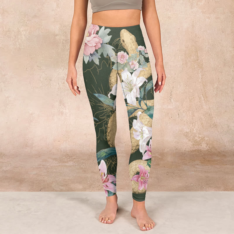 Buddha Stones Green Golden Snake Lily Peony Flowers Print Gym Leggings Women's Yoga Pants - image 2