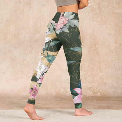 Buddha Stones Green Golden Snake Lily Peony Flowers Print Gym Leggings Women's Yoga Pants - image 5