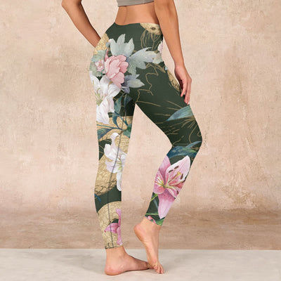 Buddha Stones Green Golden Snake Lily Peony Flowers Print Gym Leggings Women's Yoga Pants - image 3