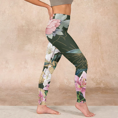 Buddha Stones Green Golden Snake Lily Peony Flowers Print Gym Leggings Women's Yoga Pants - image 17