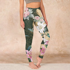Buddha Stones Green Golden Snake Lily Peony Flowers Print Gym Leggings Women's Yoga Pants - DarkOliveGreen - US18，UK/AU22，EU50 (4XL) - image 1