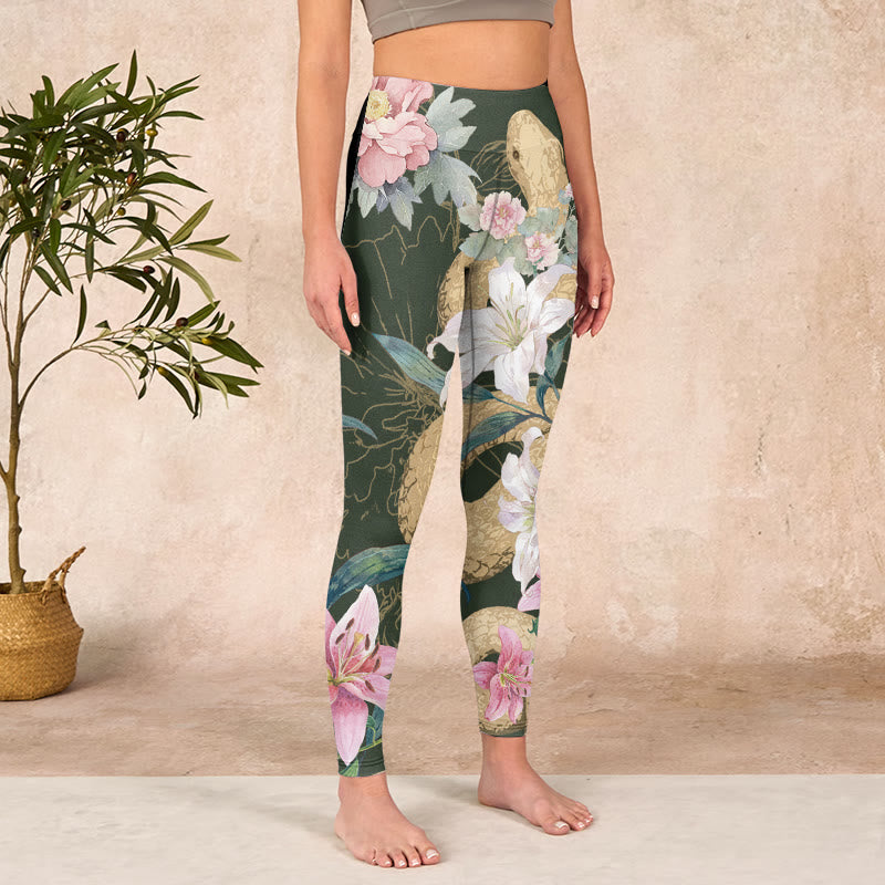 Buddha Stones Green Golden Snake Lily Peony Flowers Print Gym Leggings Women's Yoga Pants - image 4