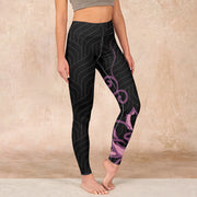 Foviel Schwarz Rosa Lotus Blumendruck Gym Leggings Damen Yoga Hose